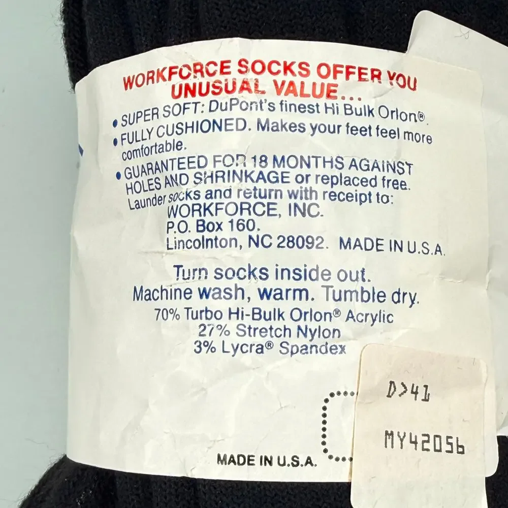 NOS Vintage Workforce Work Socks Men Size 13-15 Black 2 Pair Fully Cushioned USA